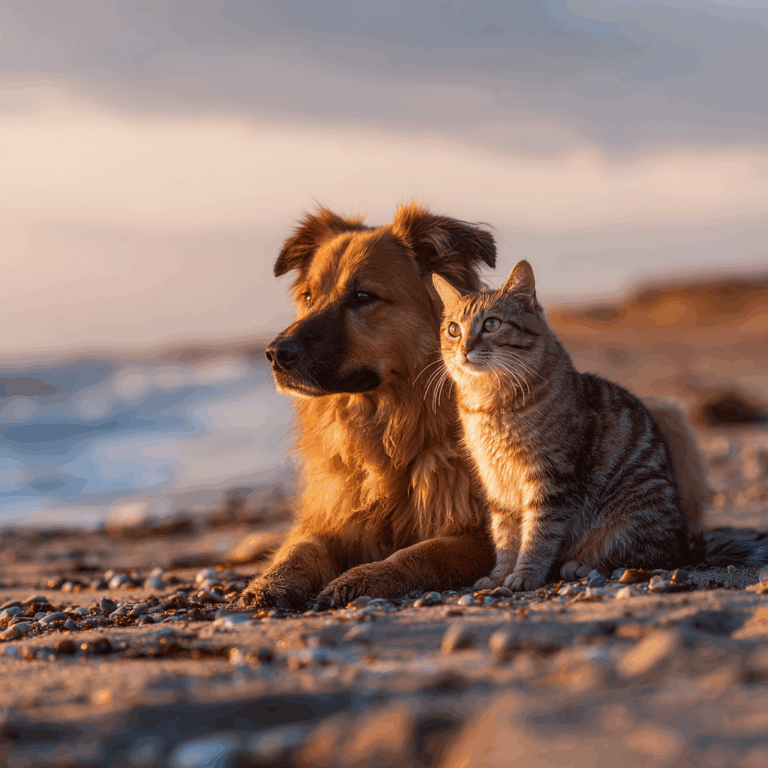 Dog and cat sitting together on a beach at sunset